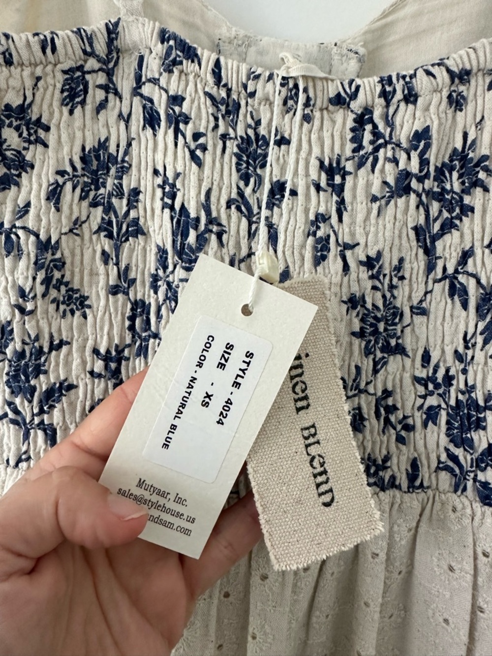 Cream Maxi Dress with Blue Floral Trim and Tie Front - Picture 3 of 4